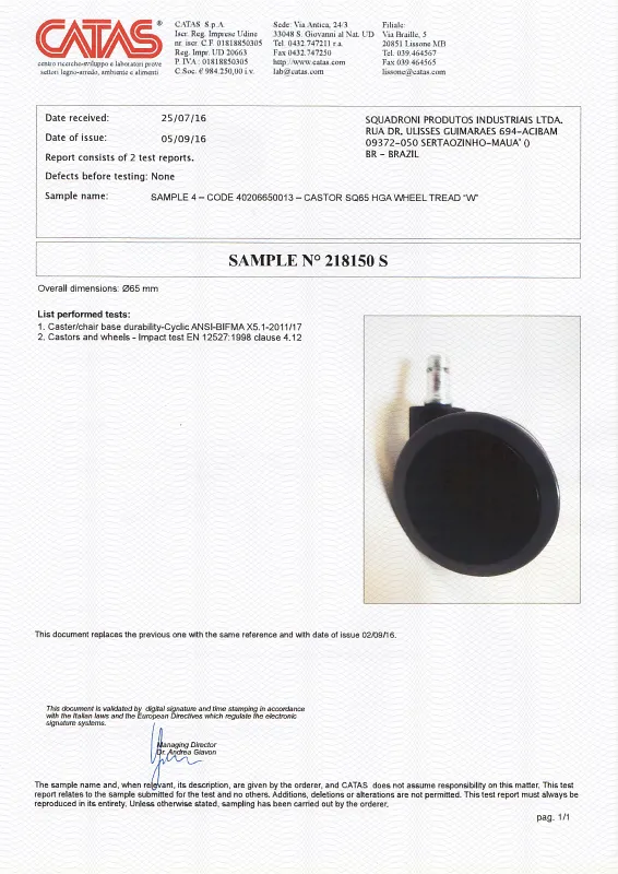 Certificado: CATAS – SQ 65 HGA - Tipo W